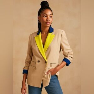 Endless Rose‎ Colorblock Blazer Beige Yellow Blue Statement Jacket Size Large